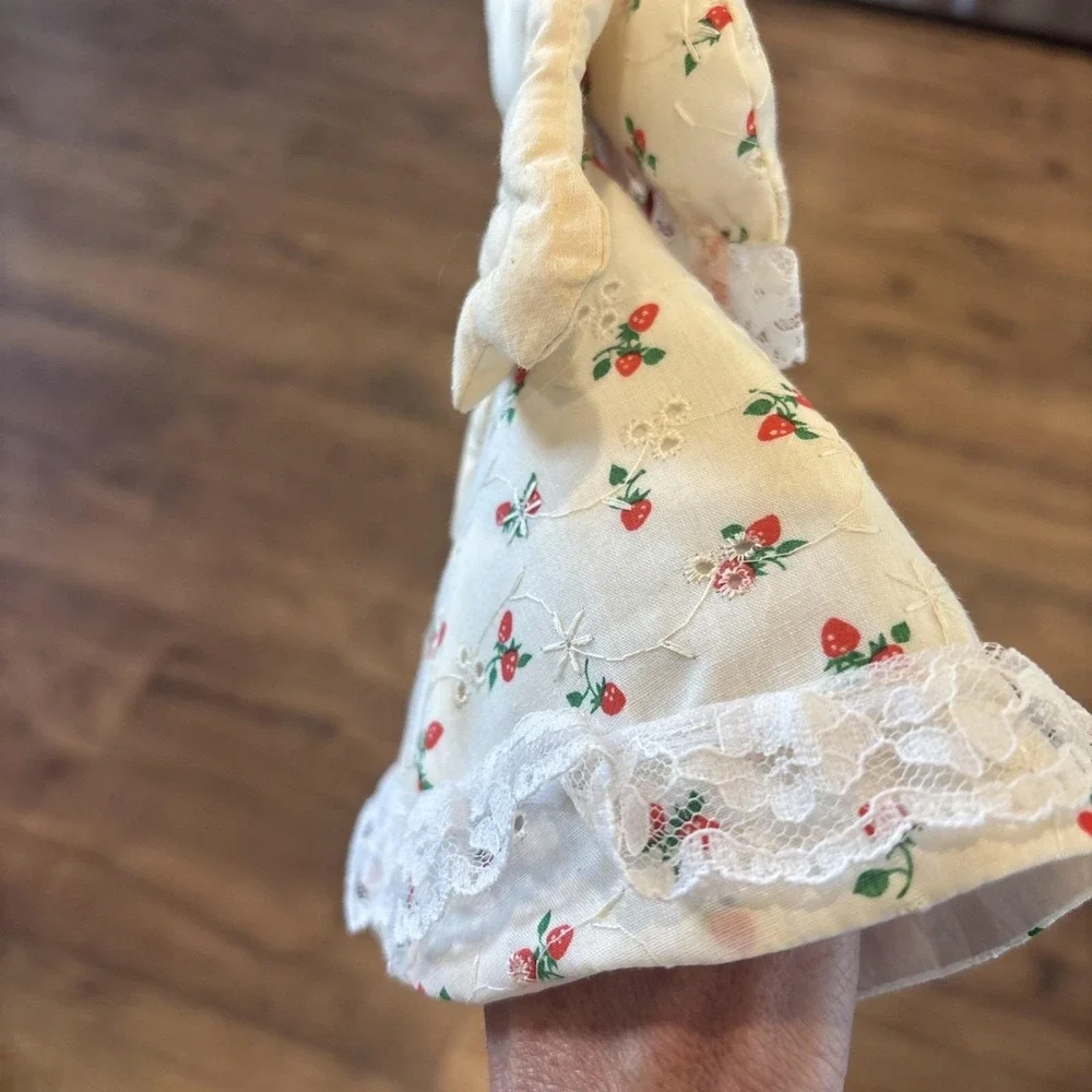 VTG Adorable Fabric Quilted Angel Christmas Tree‎ Topper Strawberries Dress 10